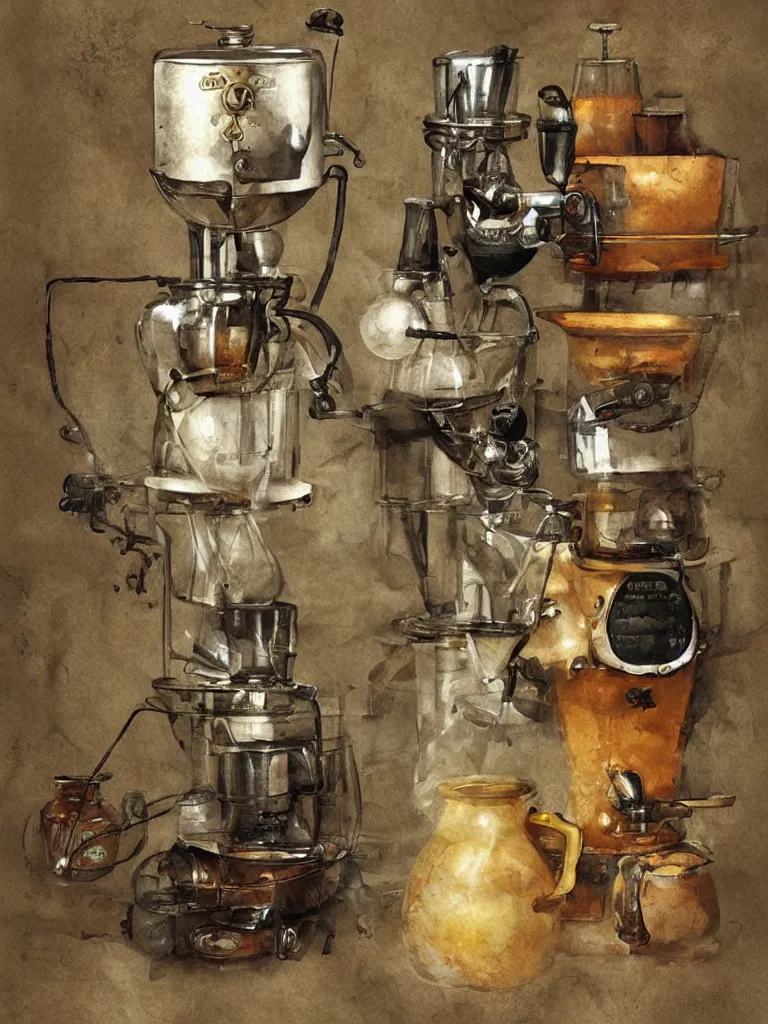 Image similar to ancient coffee machine, by Simon Stalenhaag, by Yoshita Amano, by Esao Andrews, sharp focus, fresh colors, deviantart