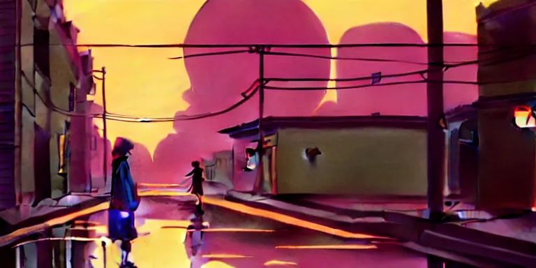 Prompt: an immaculate isometric cinematic keyframe matte painting of the silhouette of a young japanese girl standing in wide wet street 1 9 7 0 s vaporwave rust belt city at dusk with an oversized moon, just after the rain has cleared. by eric lafforgue, glennray tutor and edward hopper, greg rutkowski. trending on artstation.