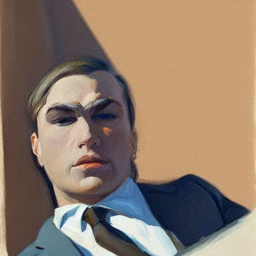 Prompt: a brown haired man with a 5 o'clock shadow, detailed, edward hopper, trending on artstation,
