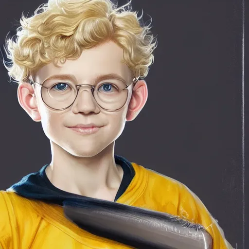Prompt: a curly blonde hair hufflepuff boy age 1 1 years old with grey eyes, cute, happy!! fantasy, portrait, highly detailed, digital painting, artstation, concept art, sharp focus, illustration, art by artgerm and greg rutkowski and magali villeneuve