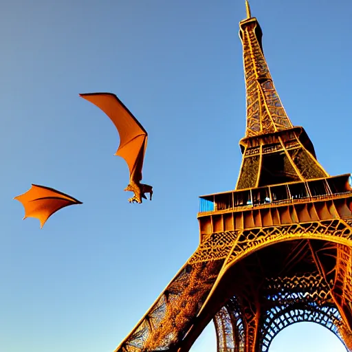 Image similar to dragon flying, eiffel tower, golden hour