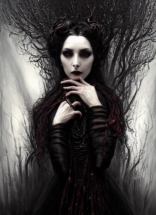 Image similar to highly detailed oil painting | very intricate | cinematic lighting | black, white and blood color scheme, dark background | portrait of a exquisite beautiful vampire old woman with long elegant tangles of black hair, eyes, gothic fog ambience, hyper realistic head, fantasy victorian art, in the style of greg rutkowski, zdizslaw beksinski, intricate, alphonse mucha