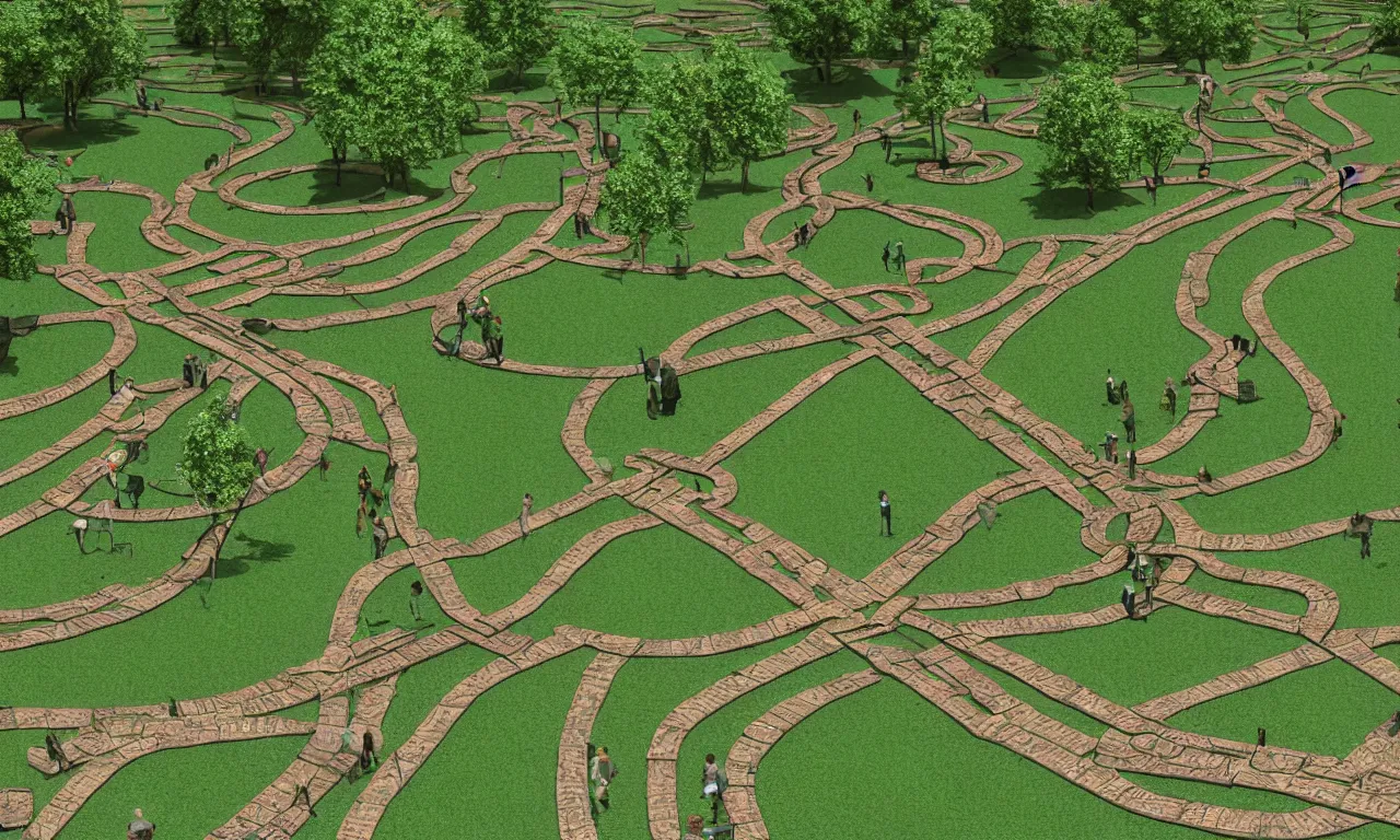 Prompt: english park maze ancient train pathways and walkers, photorealistic 3d rendering