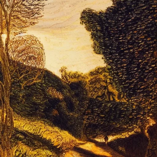 Image similar to a beautiful country path, golden light , sense of awe, in the style of Samuel Palmer