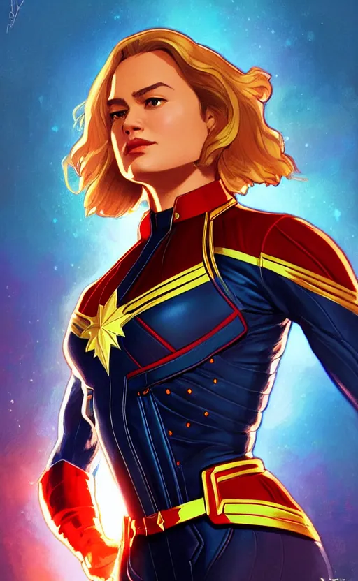 Prompt: captain marvel, highly detailed, digital painting, artstation, standing, facing camera, concept art, smooth, sharp focus, illustration, art by artgerm and alphonse mucha, high definition digital art, dramatic lighting, in the style of ilya kuvshinov and Ross tran