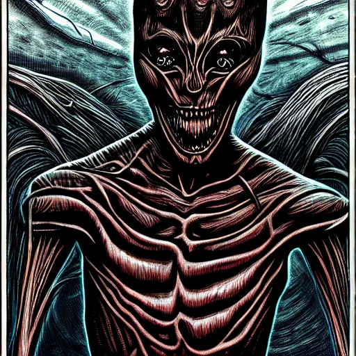 Image similar to a dark humanoid, hyper detailed, in the style of h. r. giger and junji ito and h. r. giger and junji ito, selfie