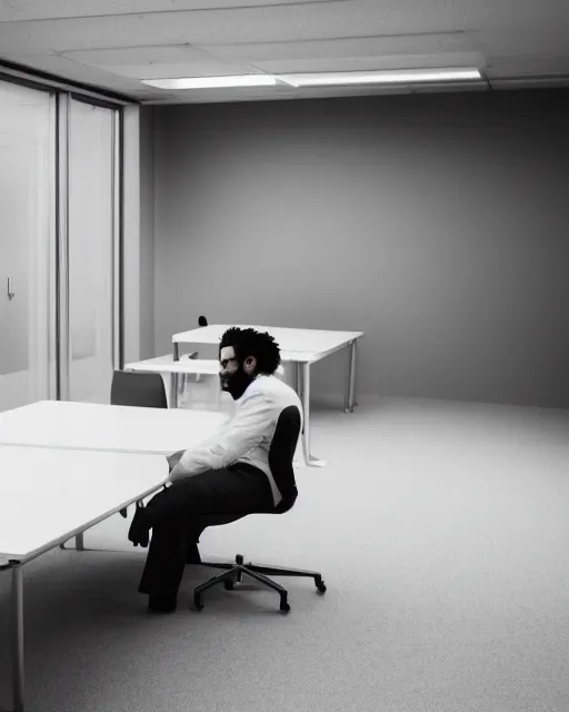 Prompt: a man sitting in a white empty office near his table