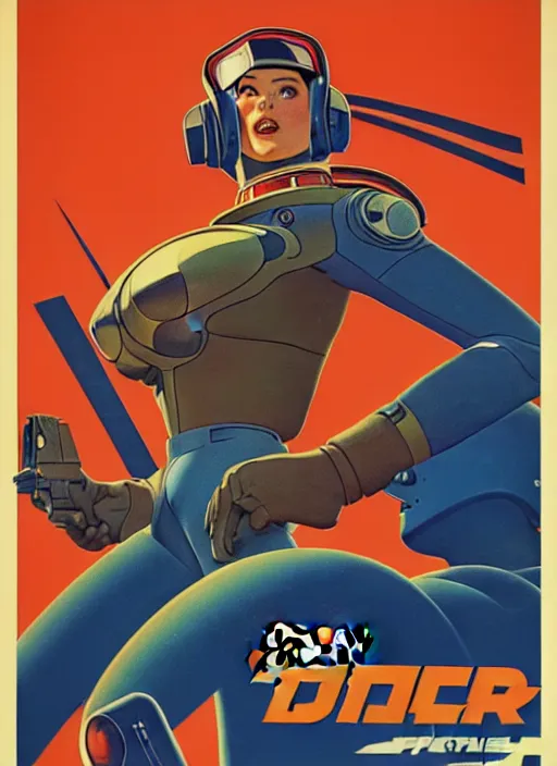 Image similar to american propaganda poster art. powerful cyberpunk pilot. portrait by jean giraud and anton otto fischer and john philip falter and will eisner and gil elvgren and pixar. full body. realistic proportions. science fiction d & d. overwatch, rb 6 s, cyberpunk 2 0 7 7, blade runner 2 0 4 9 concept art. cel shading. thick lines.