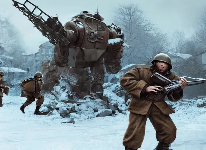 Image similar to still of soviet soldiers fighting against giant nazi monstrous robot in world war two eastern front setting, dieselpunk, winter concept art, artstation, stephen bliss, unreal engine, game screenshot