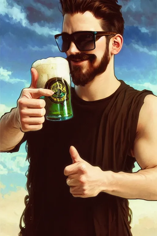 Image similar to a young man wearing raybands holding a beer giving a thumbs up with a long beard, real life skin, intricate, elegant, highly detailed, artstation, concept art, smooth, sharp focus, airbrush painted, art by artgerm and greg rutkowski and alphonse mucha