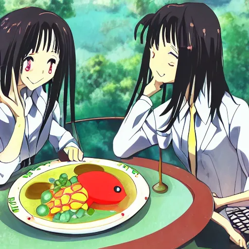 Prompt: An anime illustration of dish with a friend fish and eggs