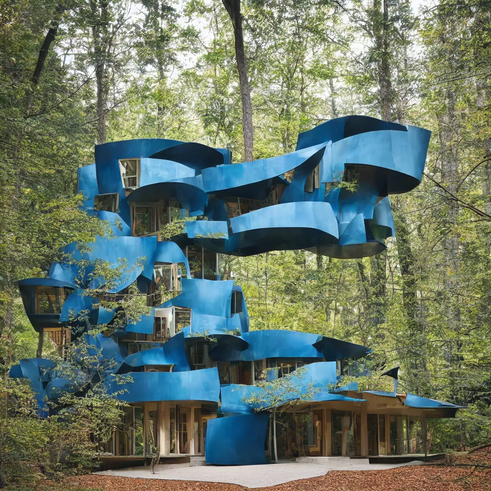 Prompt: architecture ad for a mid-century modern house in the middle of the forrest, designed by Frank Gehry. Film grain, cinematic, blue hue