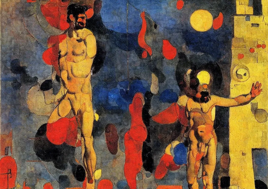 Image similar to a multiracial greek god following a watchful light through the streets of a city, saturated color scheme, sparse detail, by george luks, joan miro and moebius