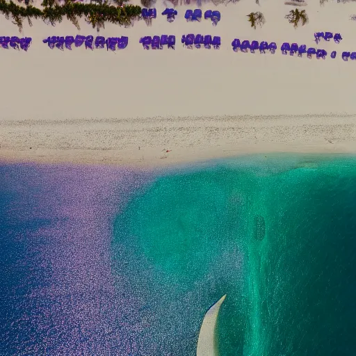 Prompt: Top down of an orange beach with a purple ocean