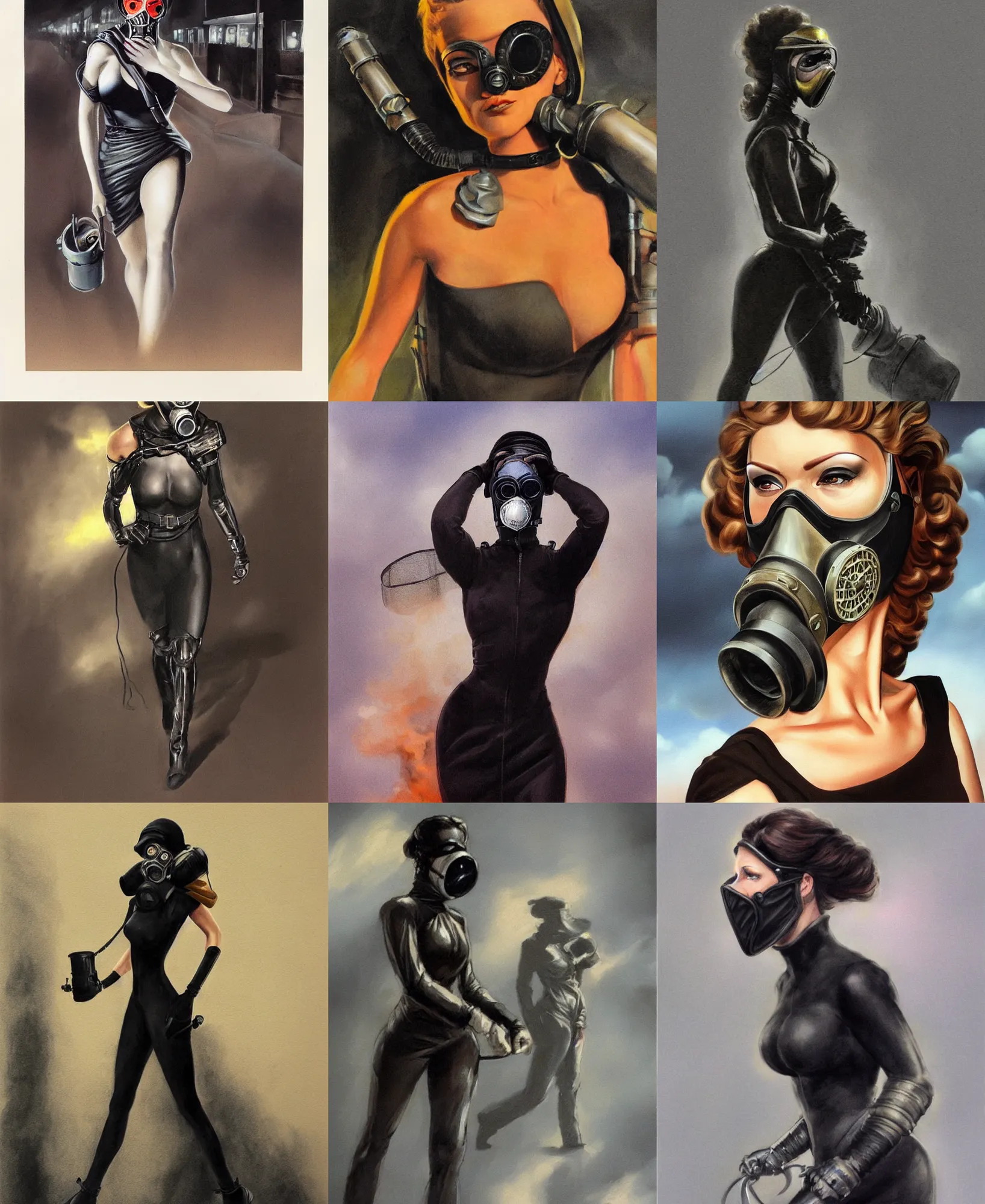 Prompt: highly detailed portrait photo of a powerful female character, who wears a black dress. her face is covered in a gas mask and she is walking down the street at night. hyperrealistic fashion illustration by boris vallejo and julie bell.