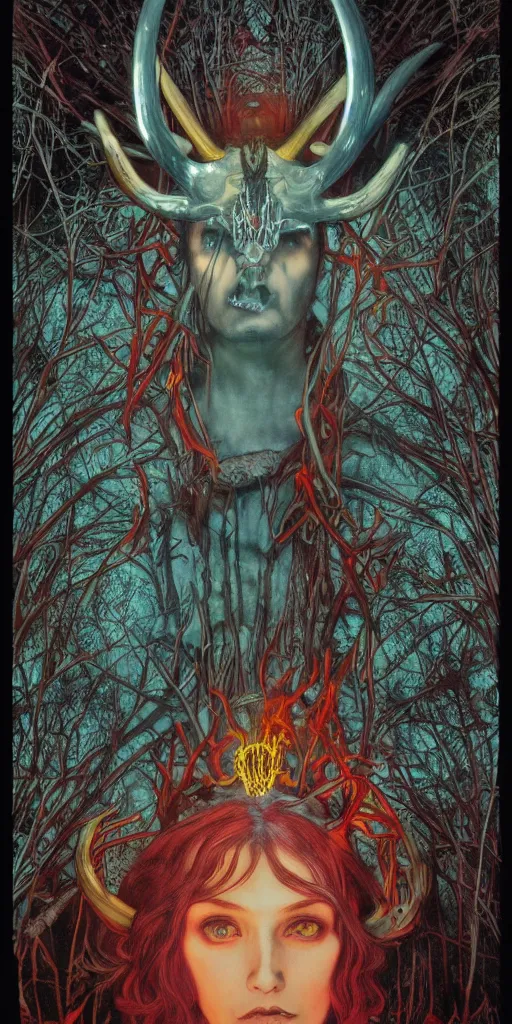 Image similar to intense glowing black metal pagan god with antlers and blood and intense glowing eyes with a bull skull in very dark forest by marco mazzoni and alphonse mucha, portrait, fantasy, clear, red and teal and yellow, light beams, lens flare, intense, uhd, amazing depth, cinematic lighting