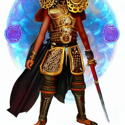 Image similar to a young black boy dressed like an african moorish warrior in gold armor and a crown with a ruby, posing with a very ornate glowing electric spear!!!!, for honor character digital illustration portrait design, by android jones in a psychedelic fantasy style, dramatic lighting, hero pose, wide angle dynamic portrait