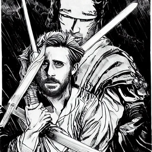 Prompt: pen and ink!!!! attractive 22 year old cyborg Ryan Gosling x Jared Leto golden Vagabond!!!! magic swordsman glides through a beautiful battlefield magic the gathering dramatic esoteric!!!!!! pen and ink!!!!! illustrated in high detail!!!!!!!! by Hiroya Oku!!!!!!!!! Written by Wes Anderson graphic novel published on shonen jump MTG!!! 2049 award winning!!!!