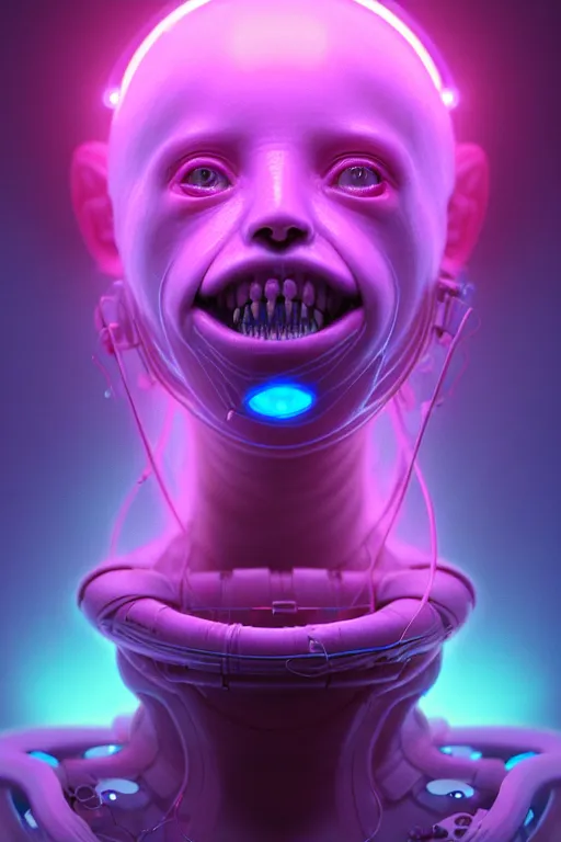 Image similar to portrait of a cute smiling bioluminescent creature, cyberpunk, dark retrowave, highly detailed, asymmetrical artwork, cinematic, hyperrealism, art by zdzisław beksinski and stanley lau and artgerm and magali villeneuve and alphonse mucha, artstation, octane render, unreal engine, 8 k, aperture f 1. 2