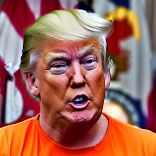 Image similar to donald trump wearing orange prison jumpsuit, locked behind bars, crying and whining.