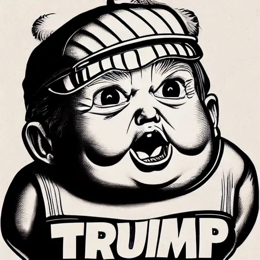 Image similar to chubby baby donald trump, high details, bold line art, by vincent di fate and joe fenton, inking, etching, screen print, masterpiece, trending on artstation, sharp, high contrast, hyper - detailed, hd, 4 k, 8 k