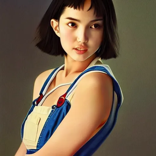 Image similar to a beautiful young japanese natalie portman alluring gravure model, wearing elegant designer overalls, elegant overalls with mesoamerican patterns, by akira toriyama and wlop and ilya kuvshinov and artgerm and, aesthetic, gorgeous, stunning, alluring, attractive, artstation, deviantart, pinterest, digital art