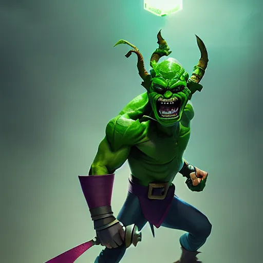 Image similar to clash royale green goblin, by tom bagshaw and ilya kuvshinov, rtx rendering, octane render 1 2 8 k, maya, extreme high intricate details by wlop, digital anime art by ross tran, medium shot, composition by sana takeda, dramatic lighting by greg rutkowski