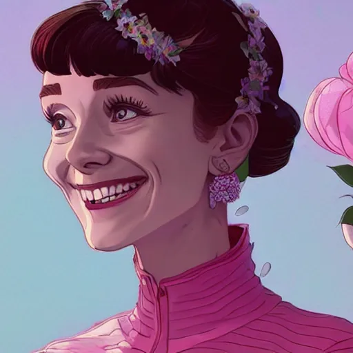 Prompt: portrait of audrey hepburn smiling with flowers in hands. sharp focus, cinematic pose, cinematic lighting, unreal engine render. art by josan gonzales and moebius and deathburger.