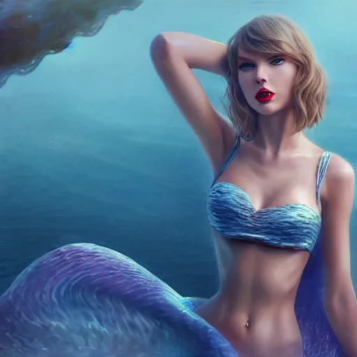 Image similar to taylor swift as a mermaid, detailed features, slim, by artgerm in the style of ilya repin, artstation, octane render, 8k