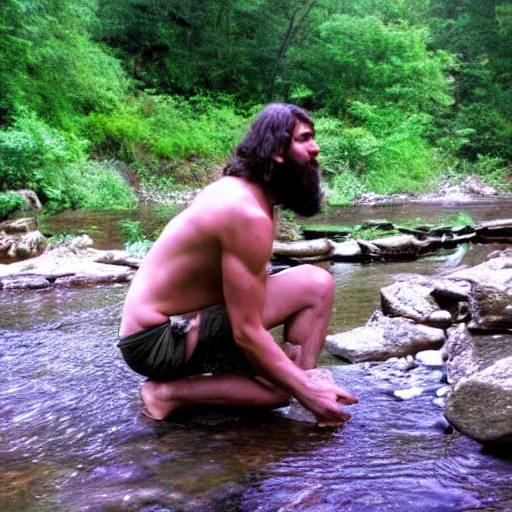 Image similar to a caveman kneeling down at a river, an looking at his own reflection cinematic 3 5 mm 8 k realistic