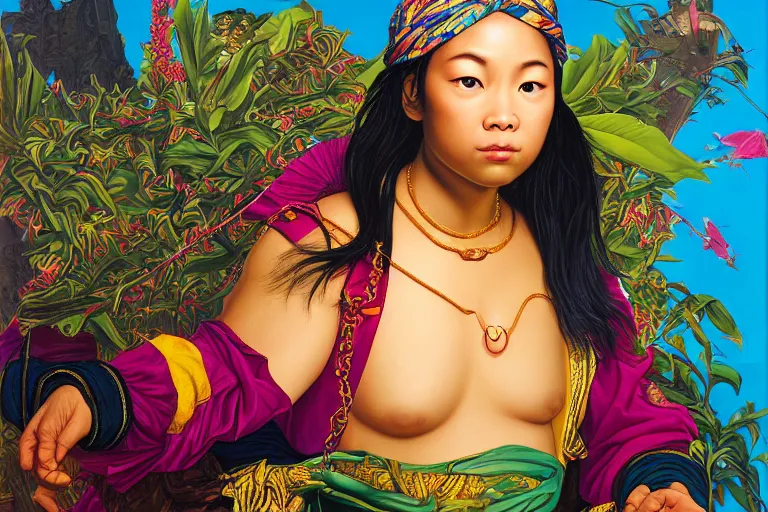 Image similar to am asian girl pirate with iridescent skin by kehinde wiley