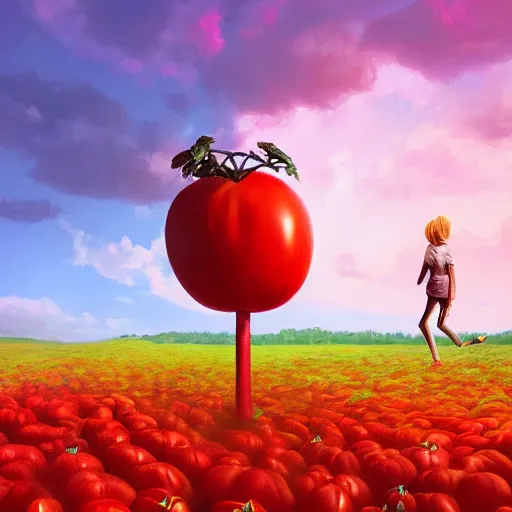 Prompt: giant tomato plant in front of head, full body girl dancing in a tomato garden, surreal photography, sunrise, dramatic light, impressionist painting, colorful clouds, digital painting, artstation, simon stalenhag