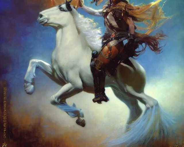 Image similar to rider on a unicorn through the dark, painting by gaston bussiere, craig mullins, j. c. leyendecker