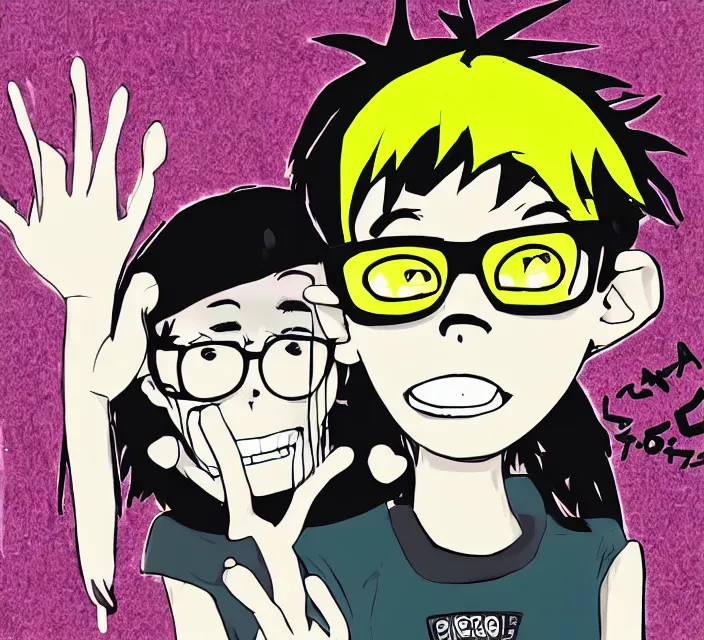 Prompt: a digital drawing of young neil cicierega in a kawaii emo / scene the gorillaz style, with text that says lemon demon trending on pixiv, trending on deviantart