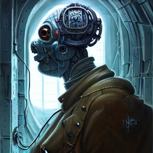 Image similar to low angle shot of a cyberpunk robot character in chernobyl, intricate, elegant, highly detailed, centered, digital painting, artstation, concept art, smooth, sharp focus, illustration, artgerm, tomasz alen kopera, peter mohrbacher, donato giancola, joseph christian leyendecker, wlop, boris vallejo