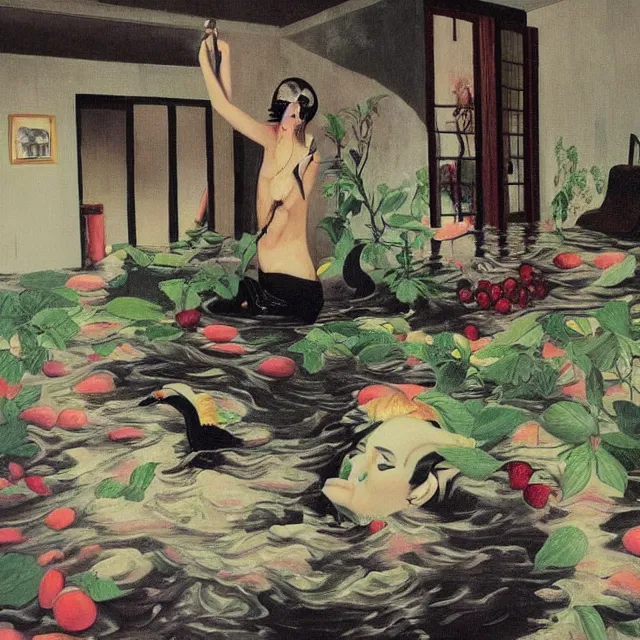 Prompt: tall female emo vegan socialist artist in their flooded apartment, painting of flood waters inside an artist's home, a river flooding indoors, pomegranates, pigs, ikebana, zen, water, octopus, river, rapids, waterfall, black swans, canoe, berries, acrylic on canvas, surrealist, by magritte and monet