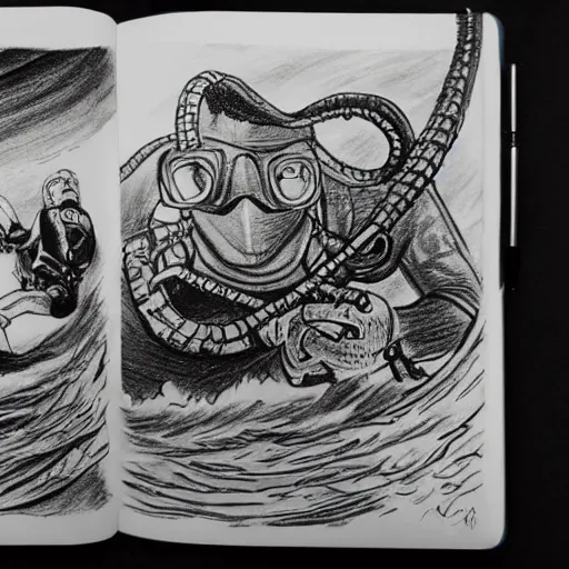 Image similar to old drawing of a scuba diver fighting against a kraken underwater, under water scenery, dramatic lighting, intense, epic, drawing, sketchbook