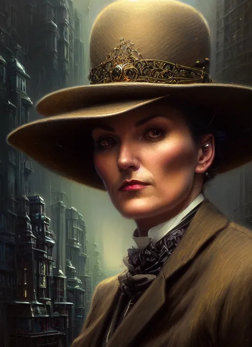 Prompt: closeup portrait shot of a victorian detective in a scenic cyberpunk mystery environment, intricate, elegant, highly detailed, centered, digital painting, artstation, concept art, smooth, sharp focus, illustration, artgerm, tomasz alen kopera, peter mohrbacher, donato giancola, joseph christian leyendecker, wlop, boris vallejo