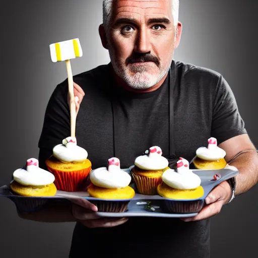 Image similar to Paul Hollywood as the hamburglar, holding a plate of small cupcakes, sad expression, artistic render, octane render, soft lighting, detailed, portrait, 4k resolution