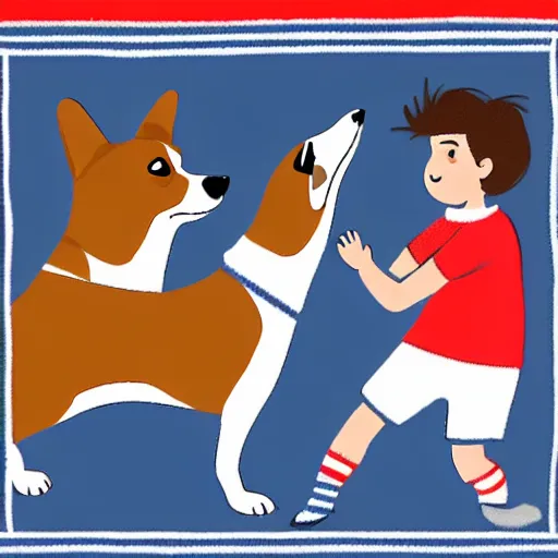 Image similar to illustration of french boy in paris playing football against a corgi who is wearing a polka dot scarf