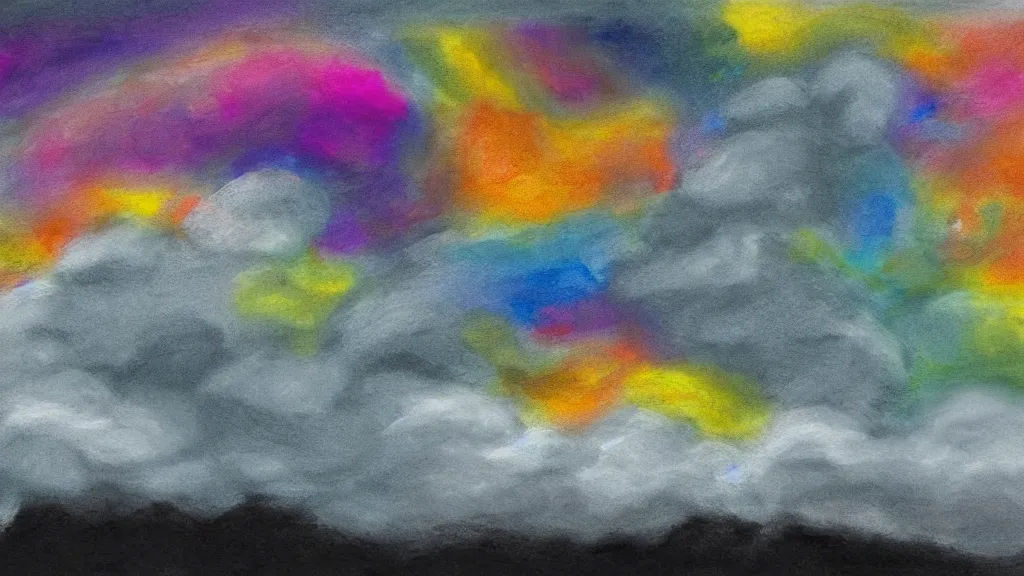 Prompt: digital chalk painting of rainbow in dark sky. black puffy clouds. slanting rain.