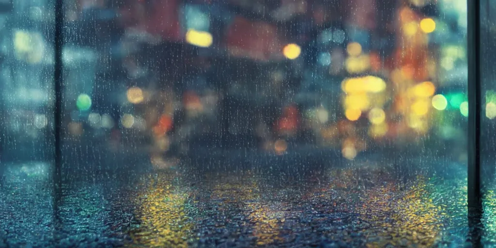 Image similar to a ultra photorealistic film still trough a raincovered window on a rainy but colourful day in new york. sparkling lights, wide shot, frog perspective, ultra sharp, wes anderson, studio ghibli, pixar and disney animation, octane render, anime key art by greg rutkowski, bloom, dramatic lighting