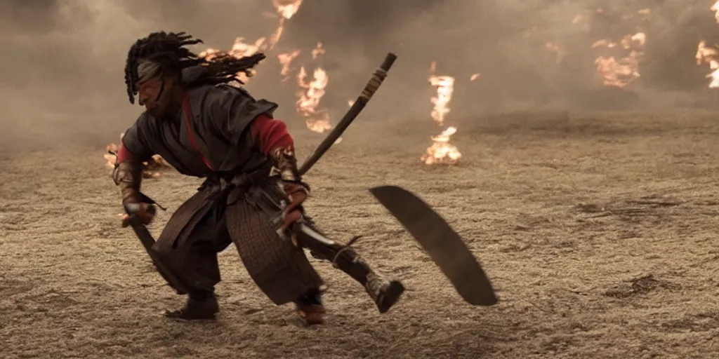 Prompt: a film still of a black man starring in a japanese blockbuster film as samurai on fire, shallow depth of field, cinematic, award winning cgi, vfx, film still