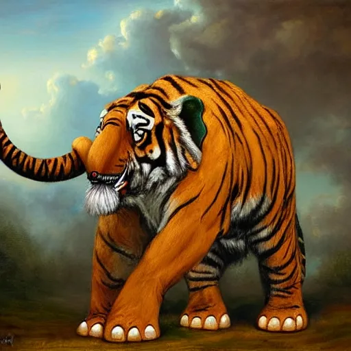 Image similar to tiger - elephant creature, oil painting by justin gerard