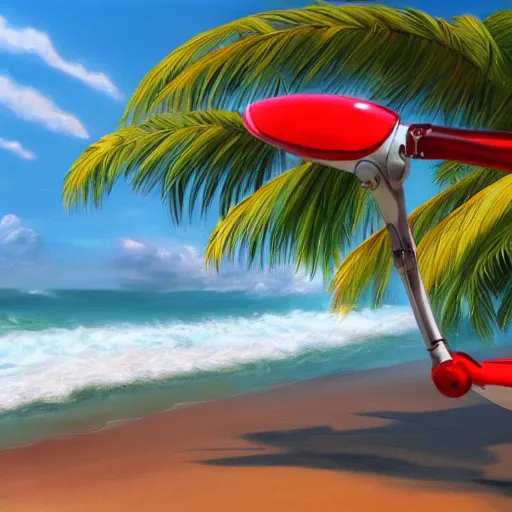 Prompt: red robot surfing the wave, island in the background, oil painting, tropical style, 3 d digital art