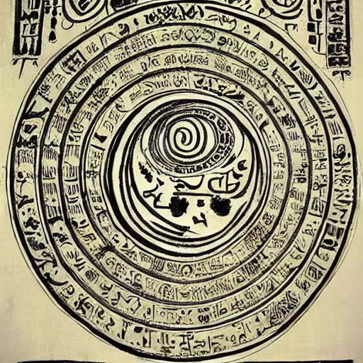 Prompt: detailed sigil drawing upon the power of yog - sothoth - from the 8 th century b. c. e. egyptian papyri version of the necronomicon. the demotic text speaks of a prophecied of a hypersigil called dataplex ouroboros that will awaken and unite the world's.