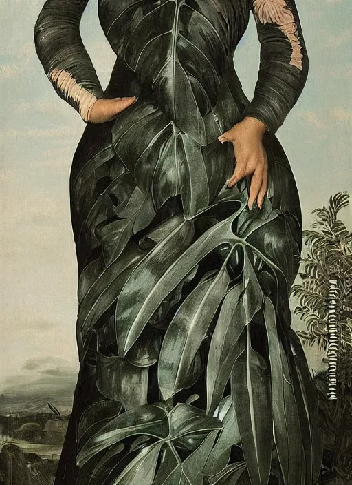 Image similar to a woman in dress inspired by monstera leaves in the style of the dutch masters and gregory crewdson dark and moody