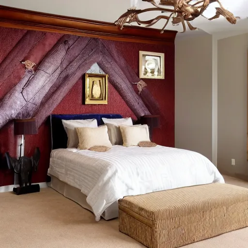 Image similar to designer bedroom with Bible themed bed, bible themed walls, bible themed carpet, bible themed furniture and Bible themed decor, interior photo