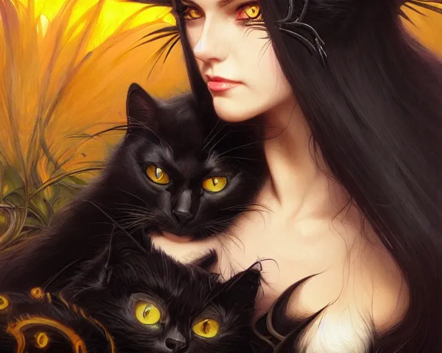 Image similar to black cat with deep big yellow eyes, deep focus, d & d, fantasy, intricate, elegant, highly detailed, digital painting, artstation, concept art, matte, sharp focus, illustration, hearthstone, art by artgerm and greg rutkowski and alphonse mucha