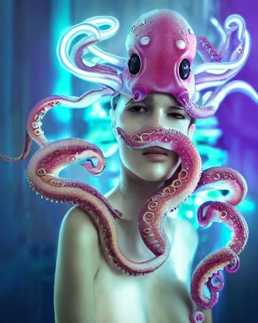 Image similar to natural light, soft focus portrait of a cyberpunk anthropomorphic octopus with soft synthetic pink skin, blue bioluminescent plastics, smooth shiny metal, elaborate ornate head piece, piercings, skin textures, by annie leibovitz, paul lehr